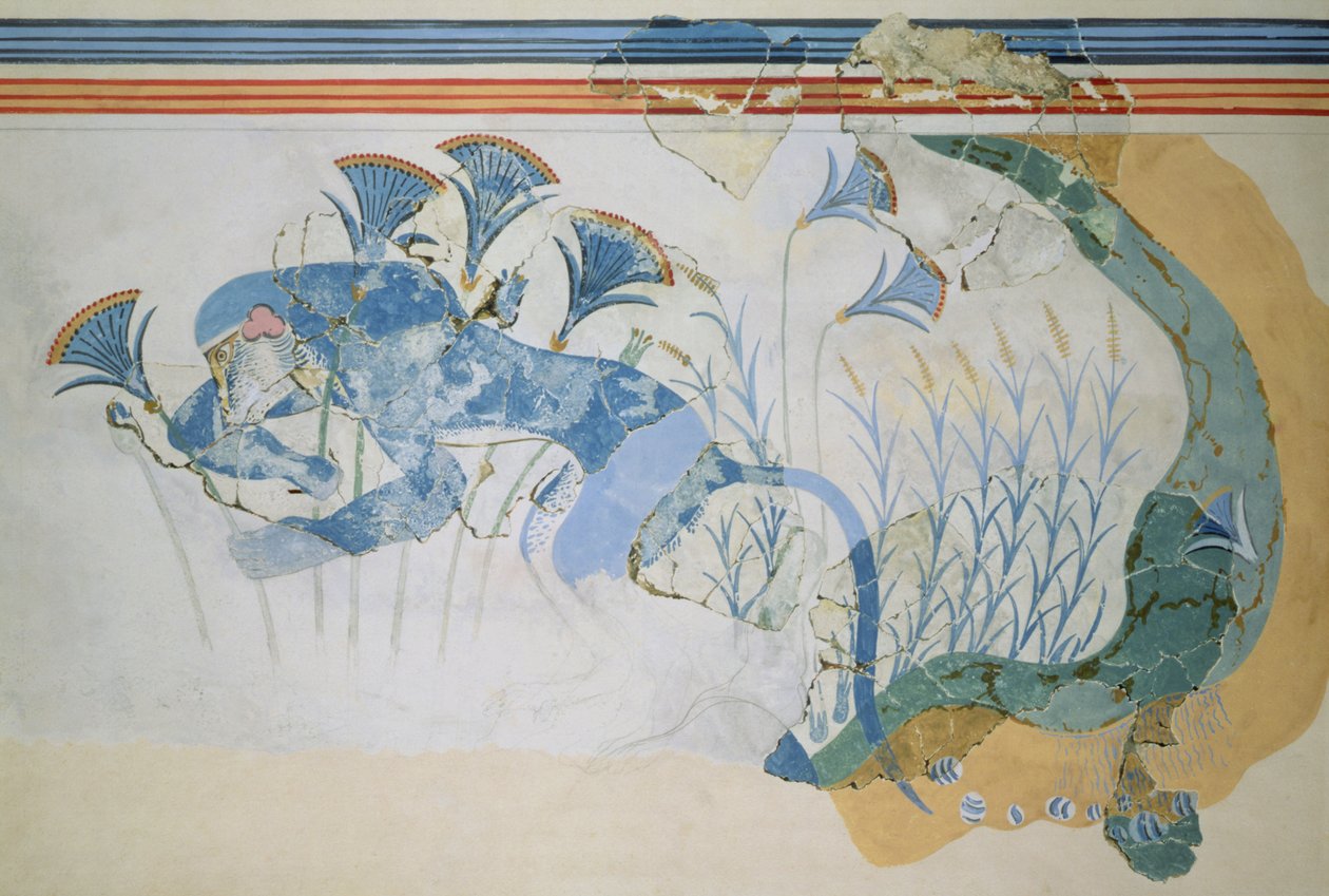 Blue Monkey Fresco, Palace of Knossos, Kreta, ca. 1500 f.Kr. (freskomaleri) af Minoan