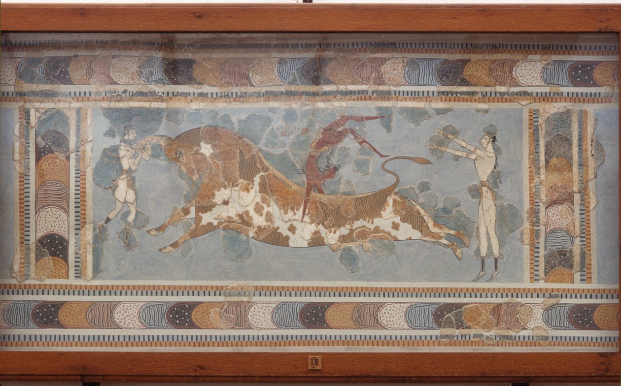 Fresko af en tyrefægtning fra Knossos, malet omkring 1550-1450 f.Kr. af Minoan