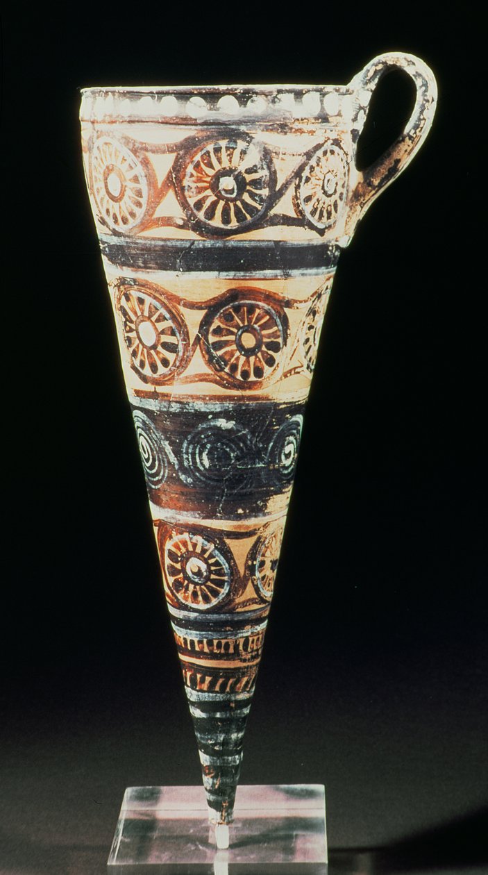Konisk ryton, fjernet fra Akrotiri på øen Thera (Santorini) på de sydlige Kyklader, ca. 1500 f.Kr. (polykromt ler) af Minoan