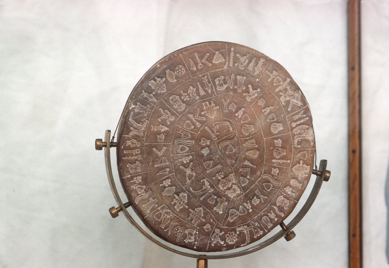 Skive af Phaestos, 1700-1600 f.Kr. (brændt ler) af Minoan