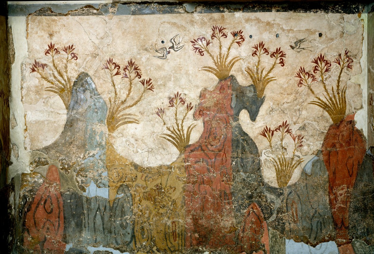 Minoisk kunst: "" Spring"" Fresco fra Akrotiri til Santorini. 16. århundrede f.Kr. Athen, det nationale arkæologiske museum af Minoan