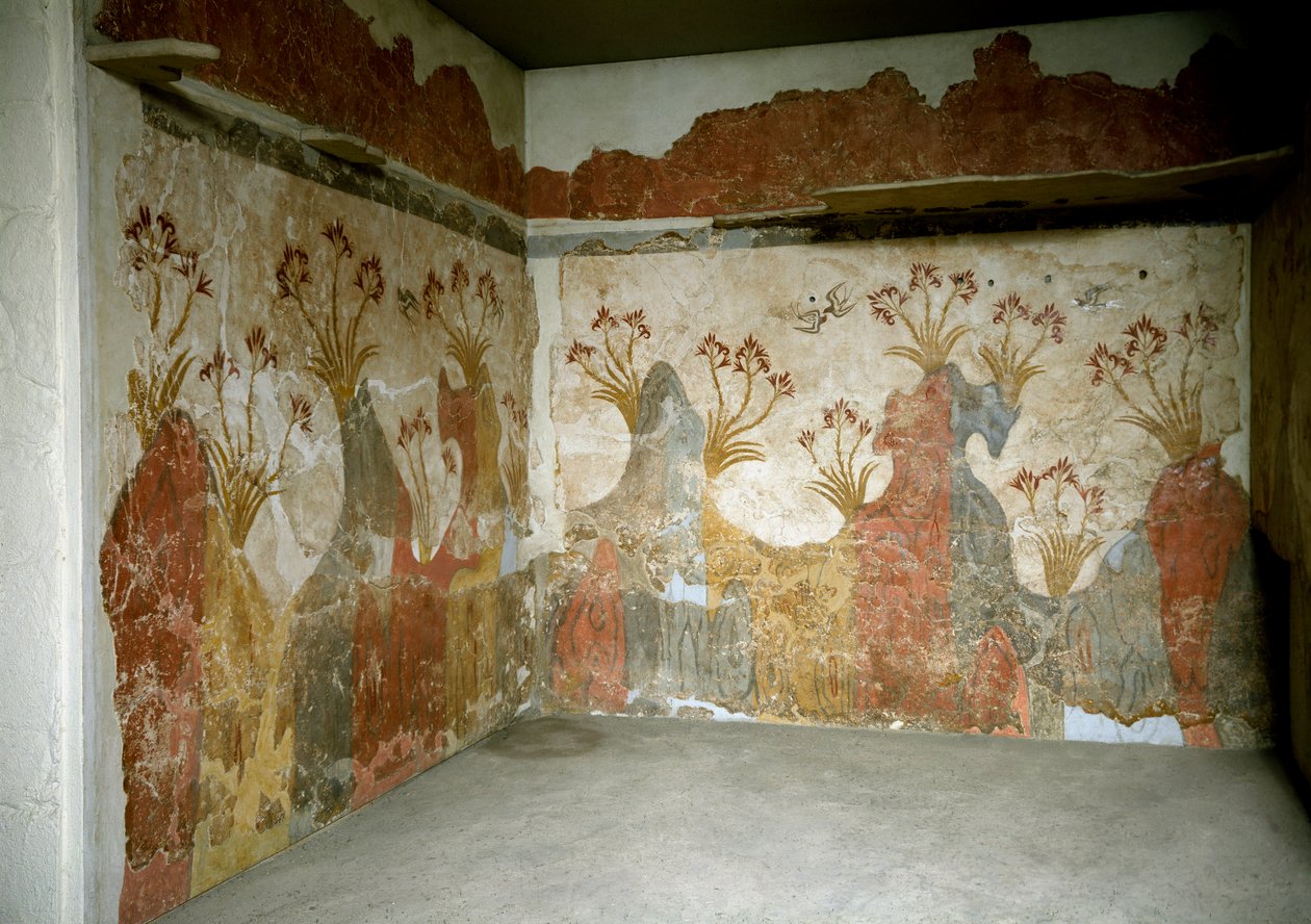 Minoisk kunst: "" Spring"" Fresker fra Akrotiri til Santorini. 16. århundrede f.Kr. Athen, Nationalt Arkæologisk Museum - Minoisk kunst: Foråret. Fresker fra Akrotiri, Santorini. 16. århundrede f.Kr. Nationalt arkæologisk museum, Athen, Grækenland af Minoan