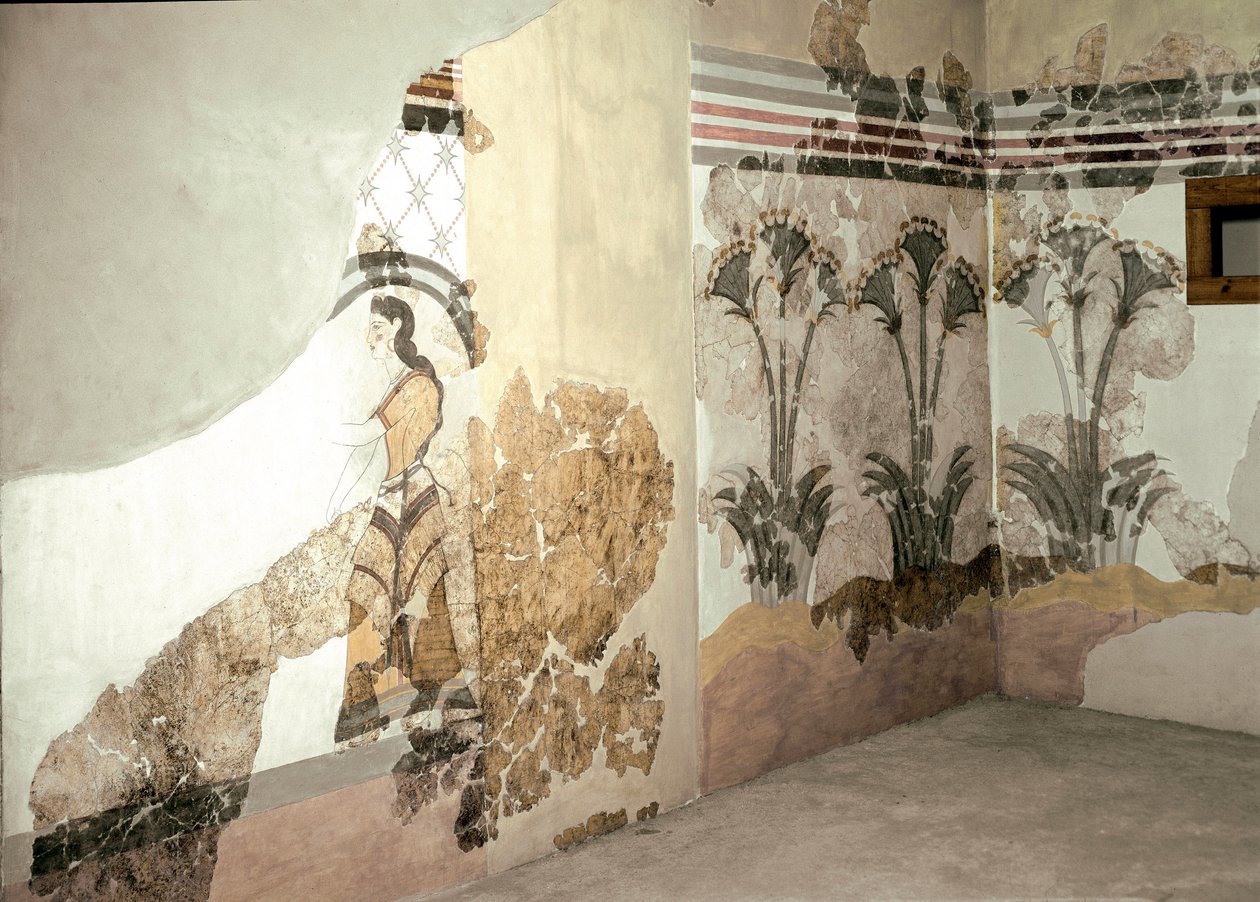 Minoisk kunst: "Kvinden med Lys"" Fresco fra Akrotiri på Santorini. 16. århundrede f.Kr. Athen, det nationale arkæologiske museum af Minoan