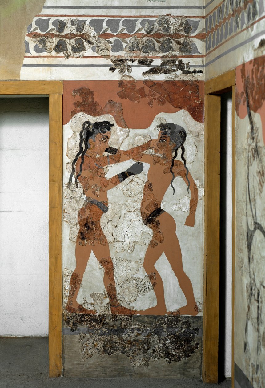 Minoisk kunst: "" kamp mellem to boksere""" Fresco fra Akrotiri til Santorini. 16. århundrede f.Kr. Athen, det nationale arkæologiske museum af Minoan