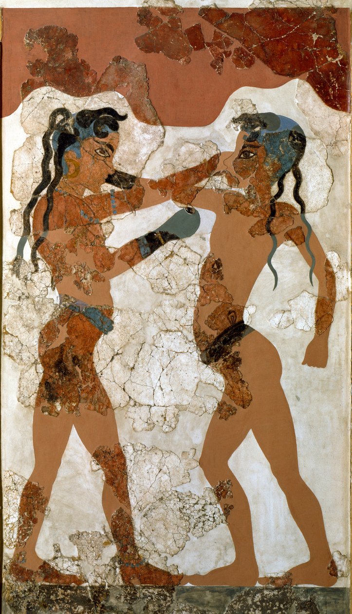 Minoisk kunst: "" kamp mellem to boksere""" Fresco fra Akrotiri til Santorini. 16. århundrede f.Kr. Athen, National Archaeological Museum - Minoisk kunst: Minoisk drengeboksning. Fresko fra Akrotiri, Santorini 1500-tallet f.Kr. Nationalt Arkæologisk Museum af Minoan