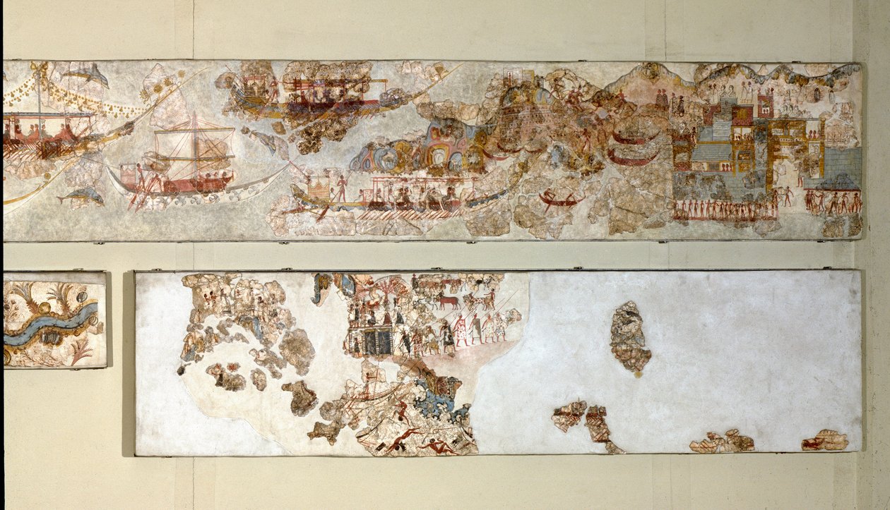 Minoisk kunst: "" flådeekspedition"" Fresco fra Akrotiri til Santorini. 16. århundrede f.Kr. Athen, det nationale arkæologiske museum af Minoan