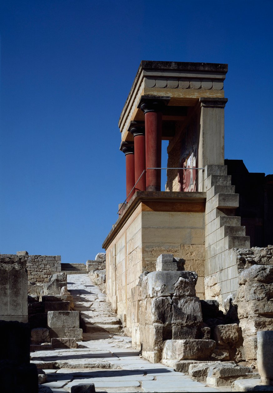 Minoisk kunst: udsigt over den nordlige indgang til kong Minos palads i Cnossos (Knossos). 1600-1400 f.Kr. Kreta af Minoan
