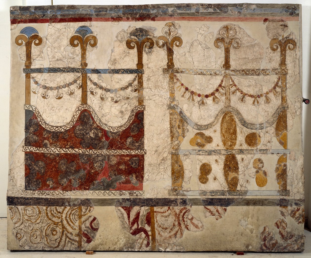 Minoisk civilisation: repræsentation af to portaler (Ikria). Fresko fra det lustrale bassin i Xeste 3-bygningen i Akrotiri (Thera), Santorini af Minoan