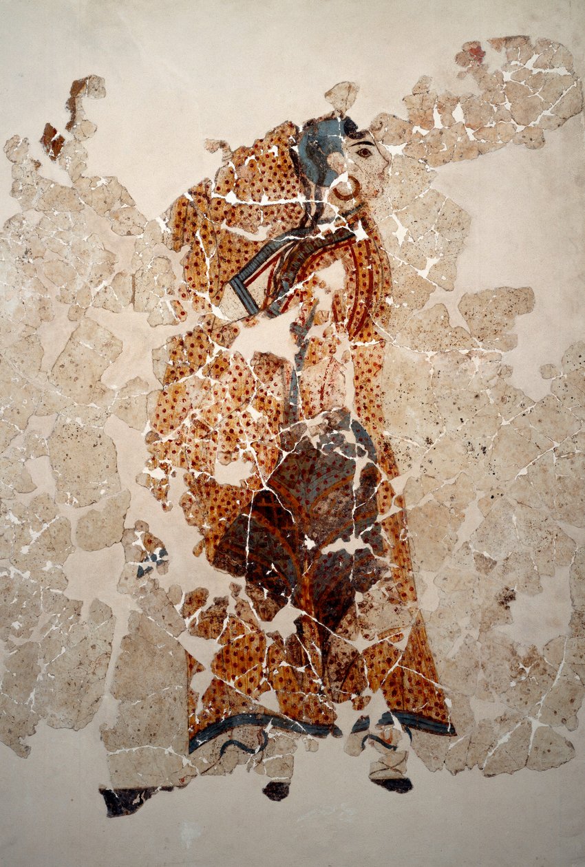 Minoisk civilisation: kvinder i tilbedelse. Detalje. Fresko fra det lustrale bassin i Xeste 3 i Akrotiri (Thera), Santorini. Svag. 143x381 cm 16. århundrede f.Kr. Santorini, Samling af fresker af Akrotiri a Thera af Minoan