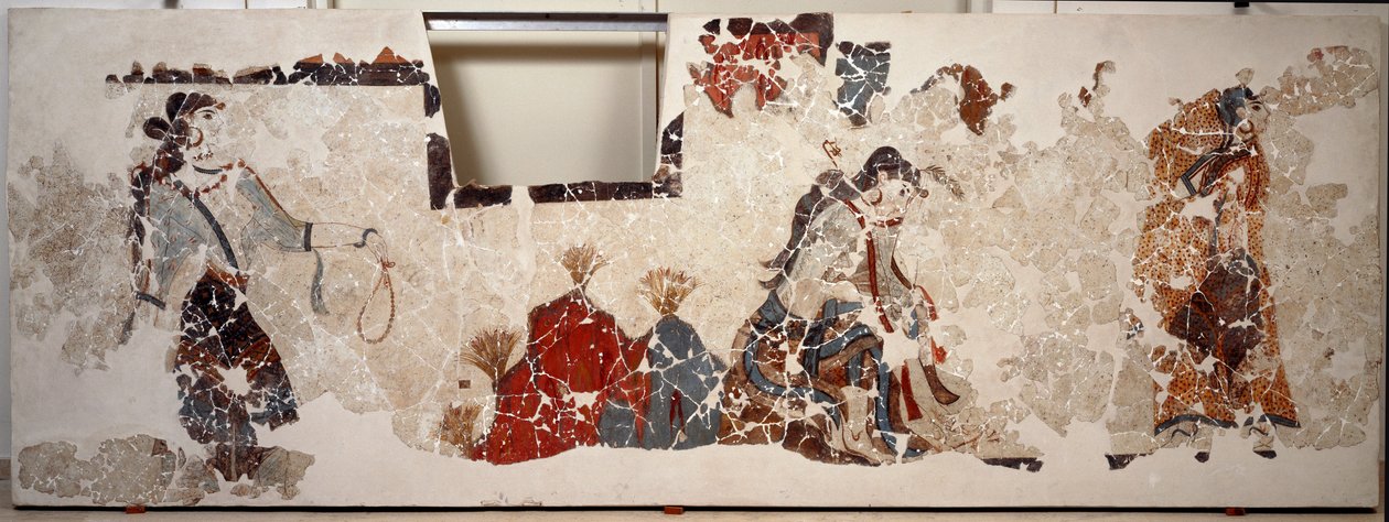 Minoisk civilisation: kvinder i tilbedelse. Fresko fra det lustrale bassin i Xeste 3-bygningen i Akrotiri (Thera), Santorini af Minoan