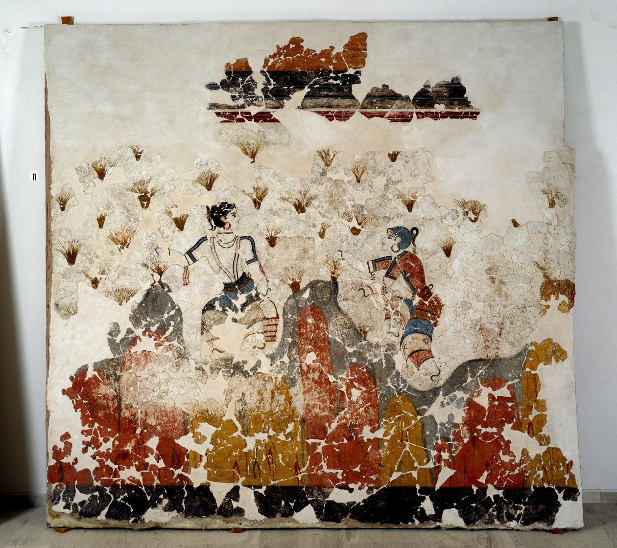 Minoisk civilisation: kvinder plukker safran. Fresko fra det lustrale bassin i Xeste 3 i Akrotiri (Thera), Santorini. Svag. 244x266 cm 16. århundrede f.Kr. Santorini, Samling af fresker af Akrotiri a Thera af Minoan