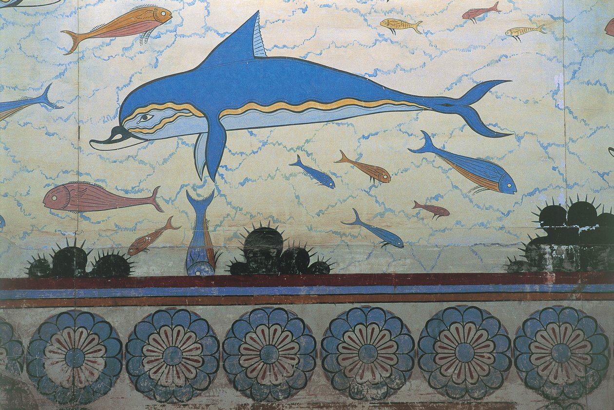 Nærbillede af et vægmaleri i et palads, Palace Of Minos, Knossos, Kreta, Grækenland af Minoan