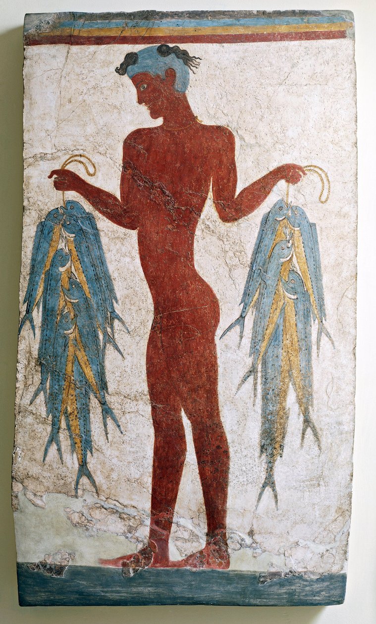 Græsk civilisation, fresko af fisker, fra Akrotiri, Thera, Santorini, Grækenland (fresko) af Minoan