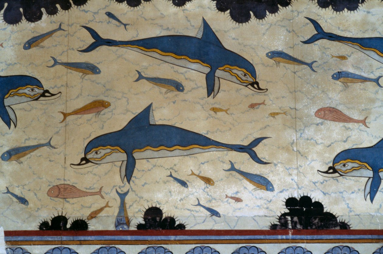 Dronningens Megaron dekoreret med delfin-freskoer, Knossos-paladset, Kreta, Grækenland, Minoisk civilisation af Minoan