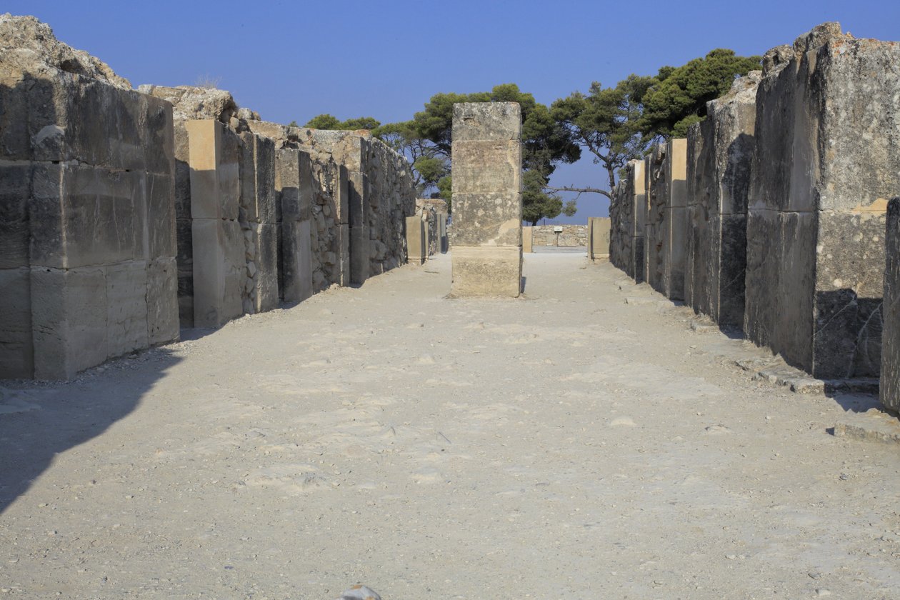 Det minoiske arkæologiske sted Phaistos. Vestmagasinerne. Stort kompleks af paladsets lagerrum. Den består af forkammeret, korridoren i lagerrummene og selve lagerrummene. Til højre og venstre for korridoren var der 11 magasiner, hvori t af Minoan
