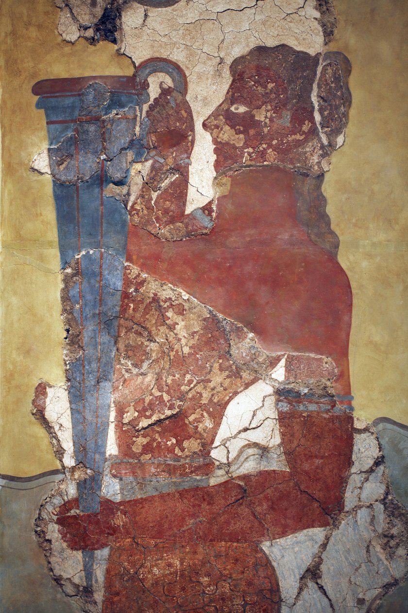 Minoisk kunst. "Kopbæreren", en figur fra optoget Fresco. Original rekonstruktion fra de få fragmenter fundet af A. Evans på Knossos arkæologiske område og nu vist i Herakleion arkæologiske museum. Det viser en ung mand med lang sort af Minoan