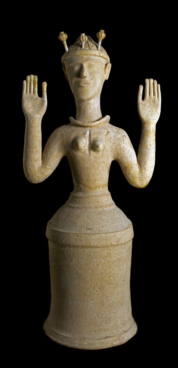 Minoisk kunst: terrakottastatue af valmuernes gudinde, søvnens eller dødens guddom. Fra helligdommen Gazi, Kreta. 1350 f.Kr. Svag. 79 cm Heraklion, nationalt arkæologisk museum - minoisk kunst: terrakottafigur af valmuegudinden, søvnens guddommelighed elle af Minoan