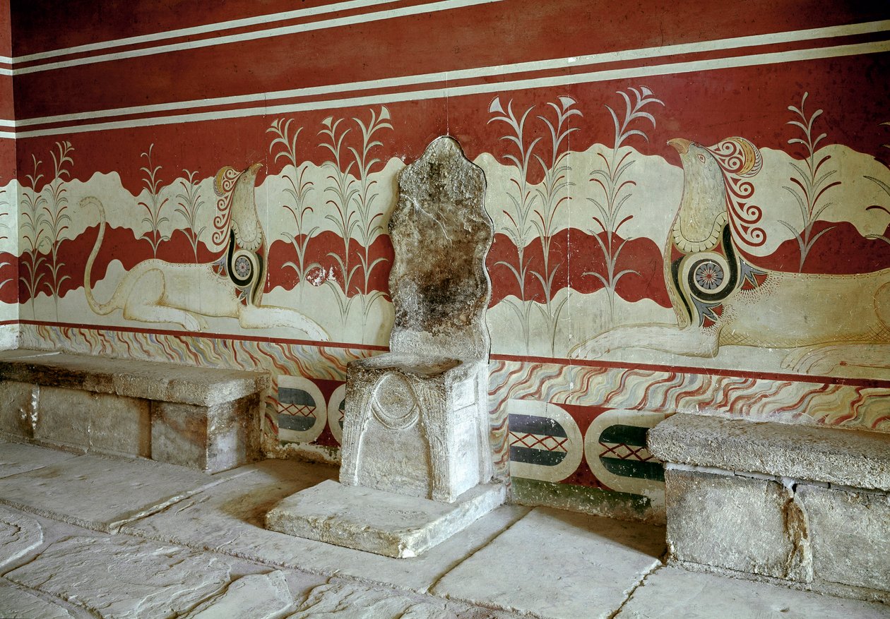 Minoisk civilisation: udsigt over tronsalen i kong Minos a Cnossos (Knossos) palads. Kreta - minoisk civilisation: udsigt over tronsalen i kong Minos palads i Knossos. Kreta, Grækenland af Minoan