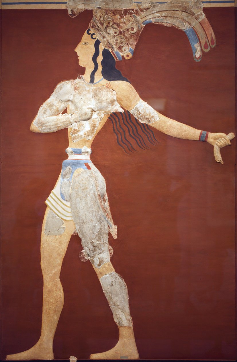 Minoen kunst "Prince of the Lilies"" fresco. Original rekonstruktion fra de få fragmenter fundet af A. Evans på Knossos arkæologiske område. arkæologisk museum i Heraklion. Denne rekonstruktion er usikker. Knossos, Kreta. af Minoan