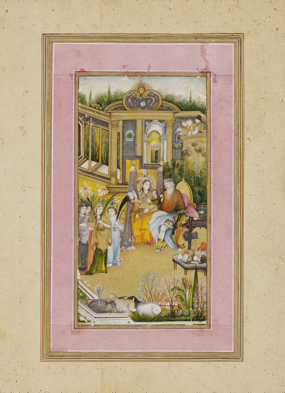 Salomon og dronningen af Saba, ca. 1760 (ugennemsigtig wc og guld på papir) af Mir Kalan Khan