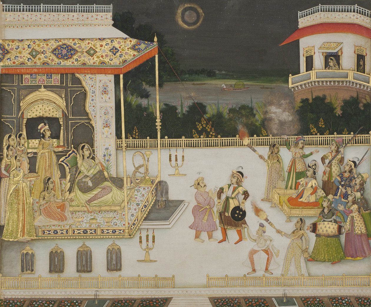 Dronning Udham Bai underholdt, 1742 (ugennemsigtigt wc og guld på papir) af Mir Miran