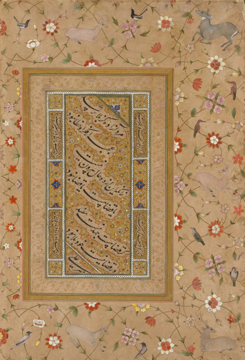 Side fra Late Shah Jahan Album: Persisk kalligrafi indrammet af en ornamental kant af blomster og fugle af Mir 