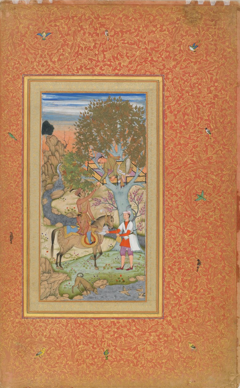 Prins til hest tilbyder vin til en ung mand, ca. 1600 (akvarel, blæk, guld på papir) af Mir Ali Al Husayni