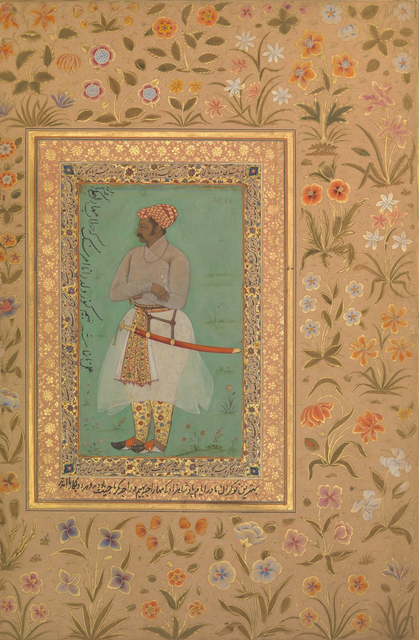 Portræt af Maharaja Bhim Kanwar, Folio fra Shah Jahan Album, verso: ca. 1615-29 af Mir 