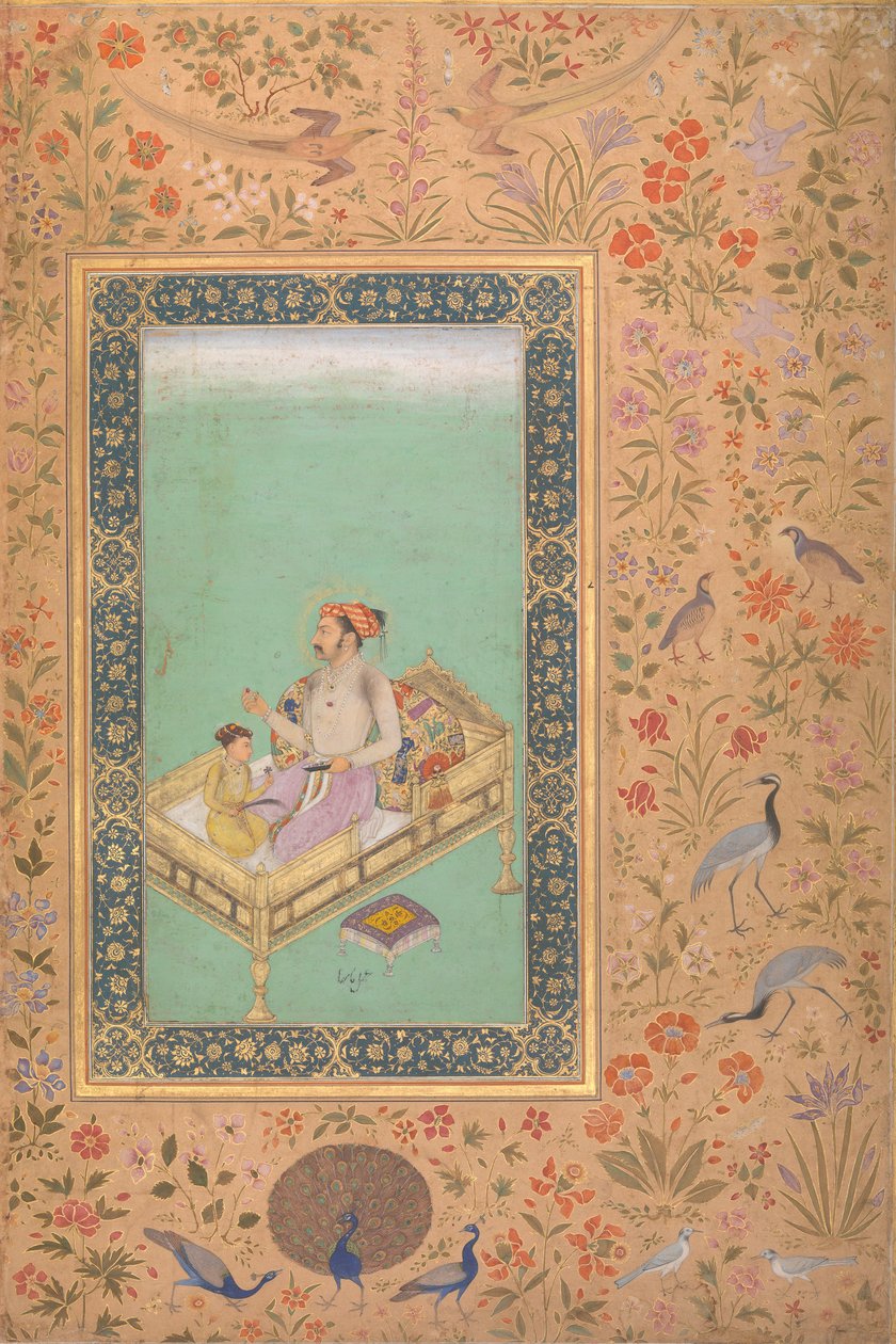 Kejseren Shah Jahan med hans søn Dara Shikoh, Folio fra Shah Jahan Album, Verso: Ca.1620 af Mir 