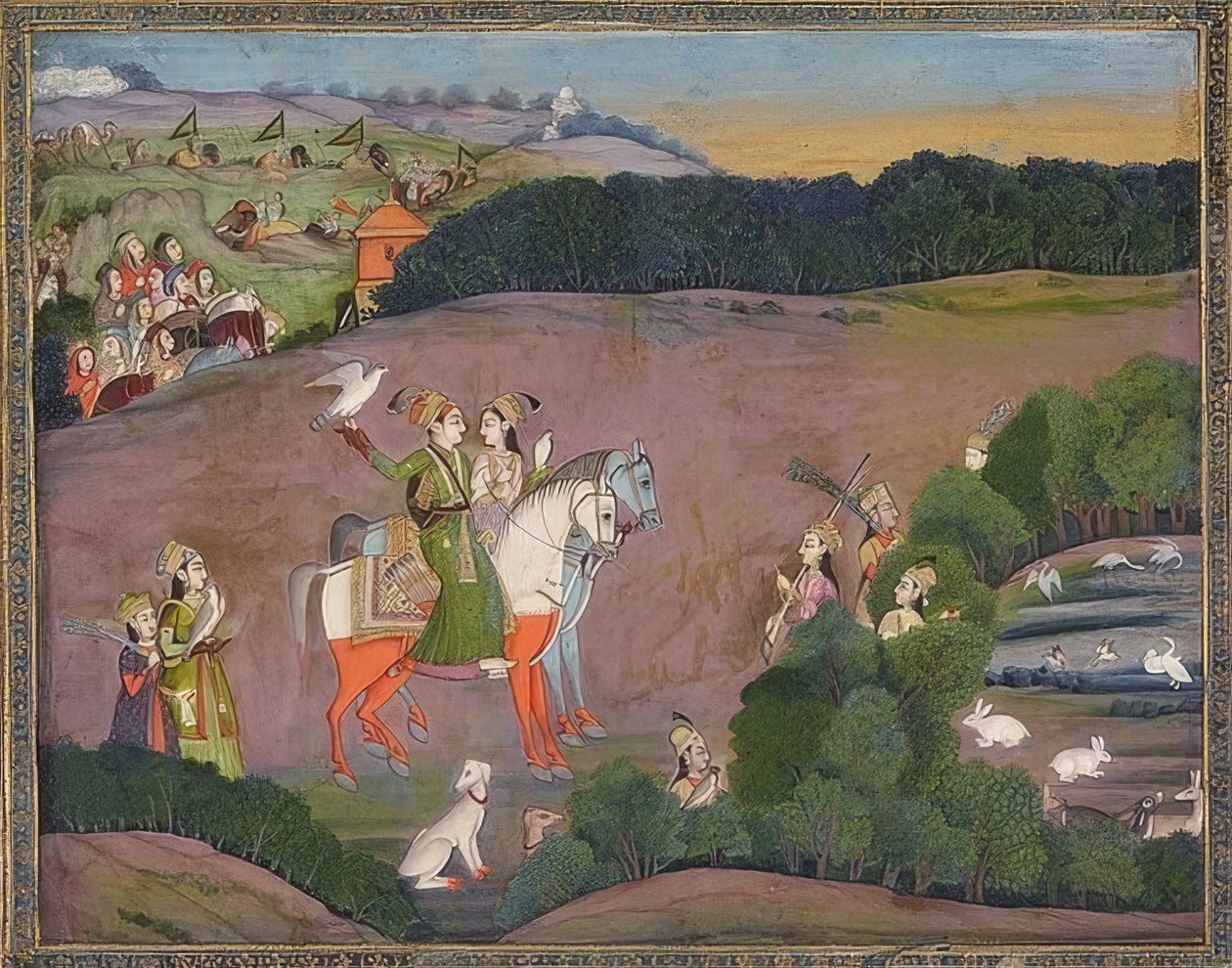 Baz Bahadur og Rupmati på falkejagt. Omkring 1735 af Mir Kalan Khan