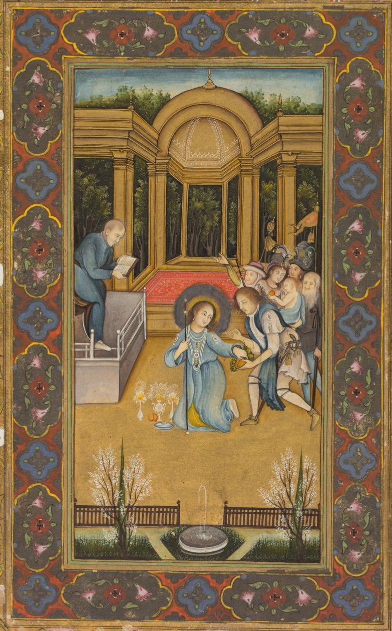 Jesus blandt lægerne i templet, ca. 1760 (dækkende akvarel med guld på papir, blomsterborter i farver på guldgrund) af Mir Kalan Khan