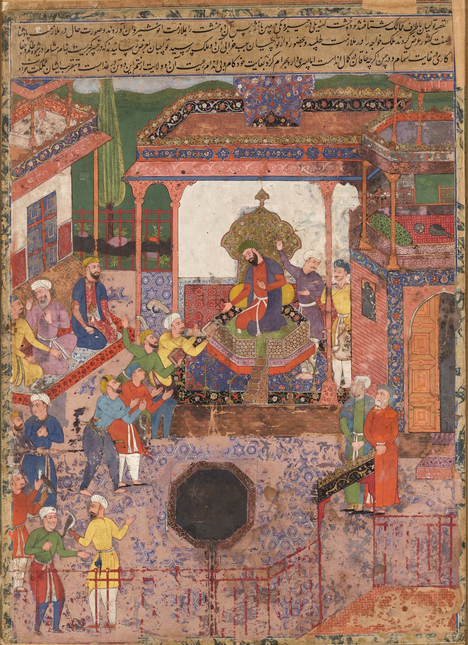Udsendinge bringer nyheder fra provinserne Khaybar og Chin til Anoshirvan. Fra Hamzanama af Mir Sayyid Ali