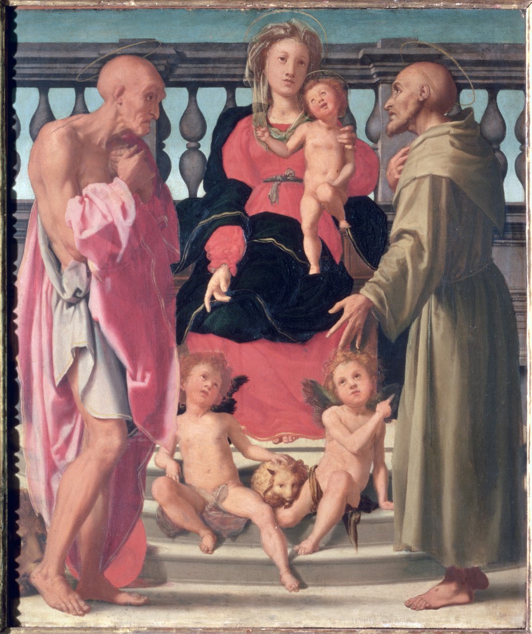 Madonna og barn med SS. Hieronymus og Frans (panel) af Mirabello Cavalori