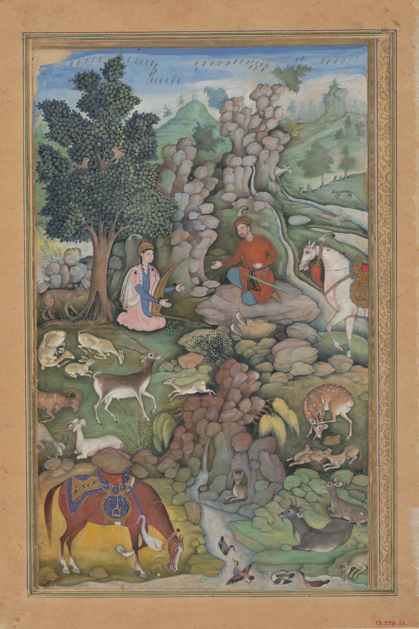 Bahram Gur ser en flok hjorte fascineret af Dilarams musik, folio fra..., 1597-98. af Miskin