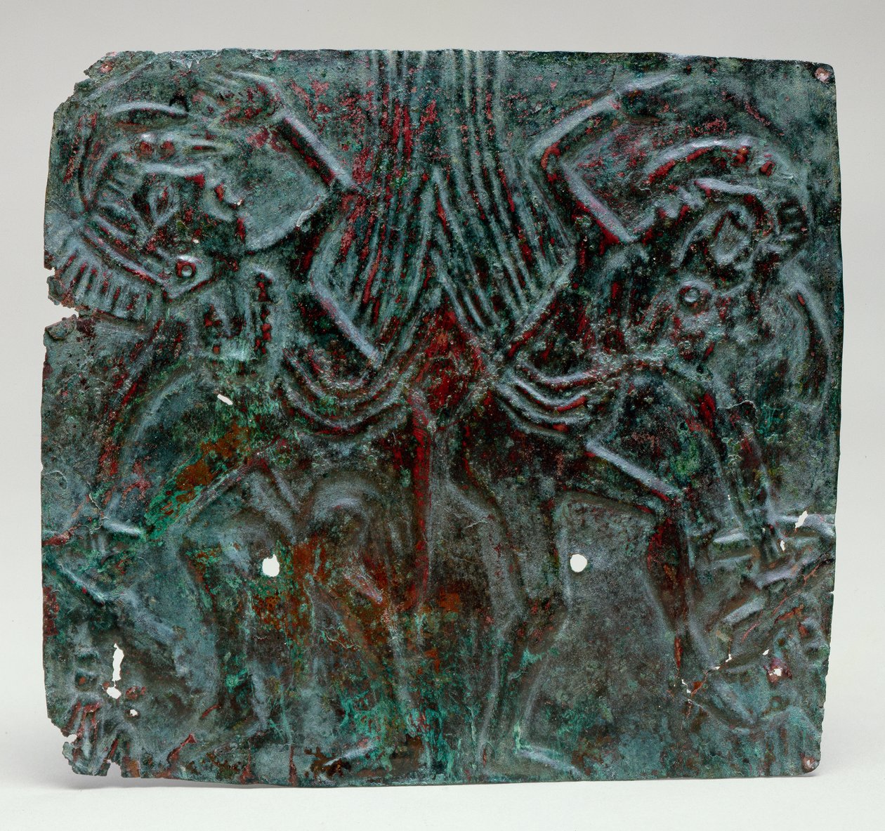 Repouse plakette med dansende figurer, 1100-1300 (kobber og pigment) af Mississippian culture