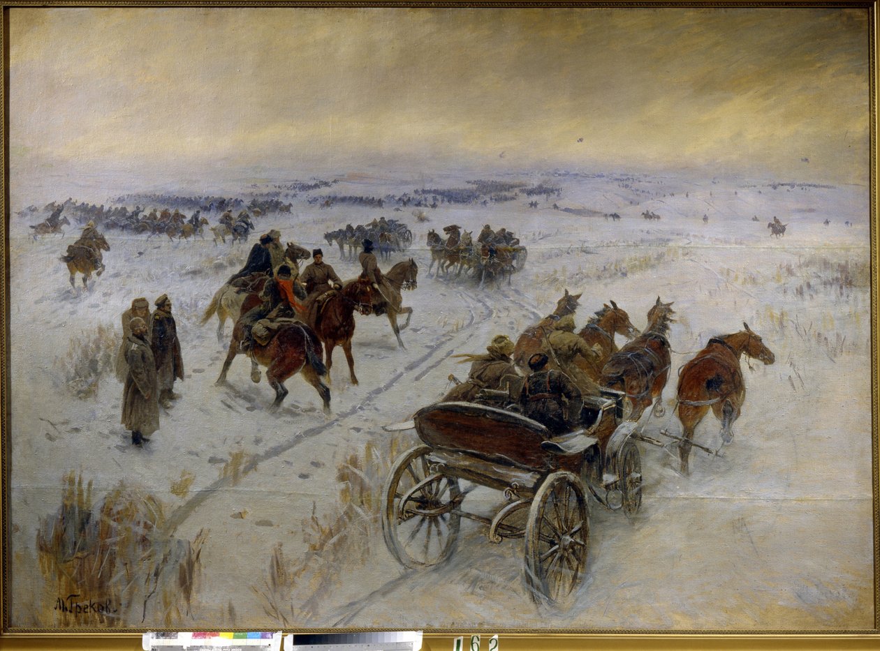 Slaget ved Yegorlykskaya (Rusland). Episode af den russiske borgerkrig (1917-1923), konfrontation af kavaleriet fra Den Røde Hær og Den Hvide Hær på de snedækkede sletter. Maleri af Mitrofan Borisovich Grekov (1882-1934), olie på lærred af Mitrofan Borisovic Grekov