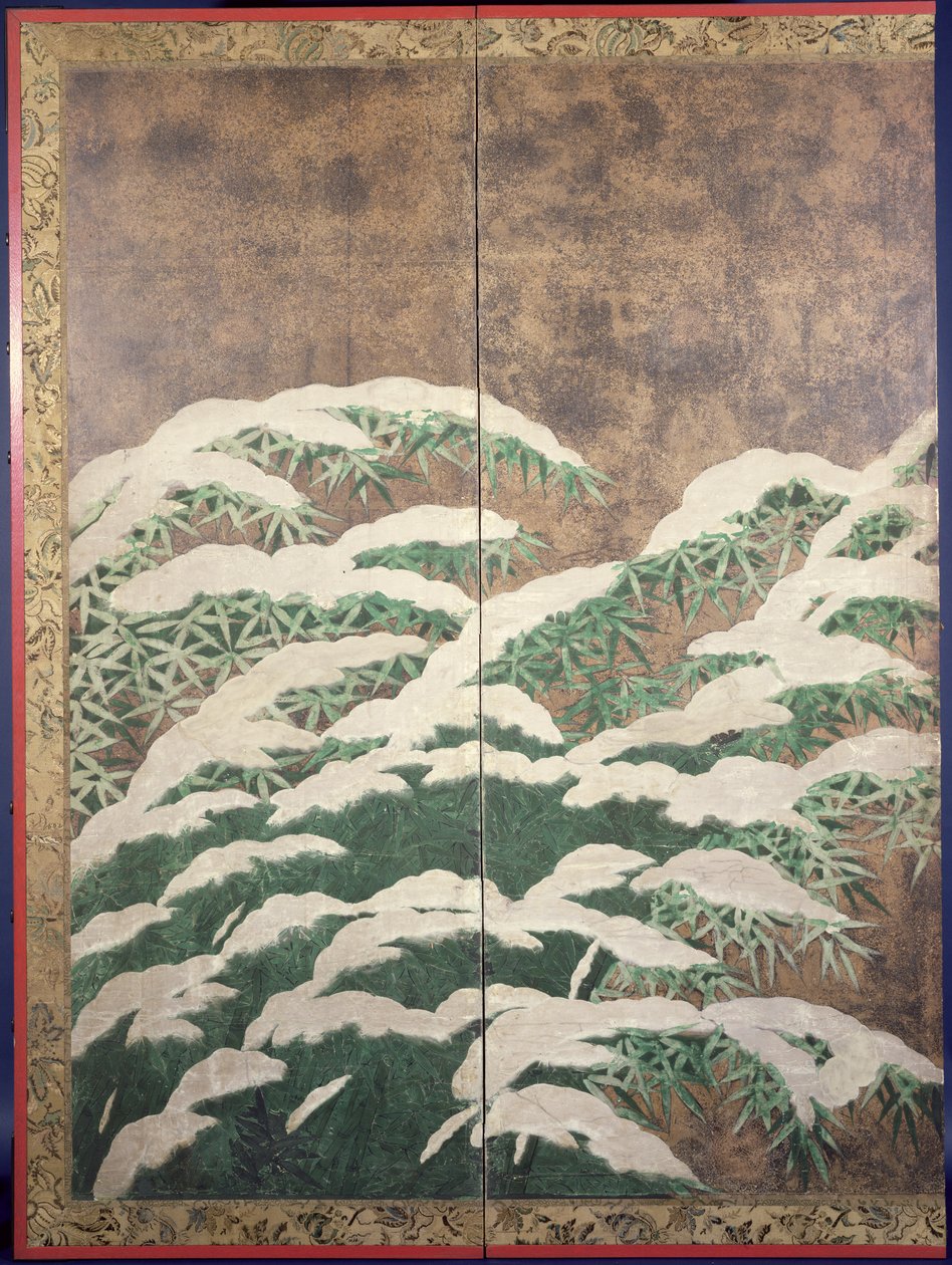 Bambus i sne, ca. 1600 (blæk, farver, guld og sølv på papir) af Mitsuyoshi Tosa