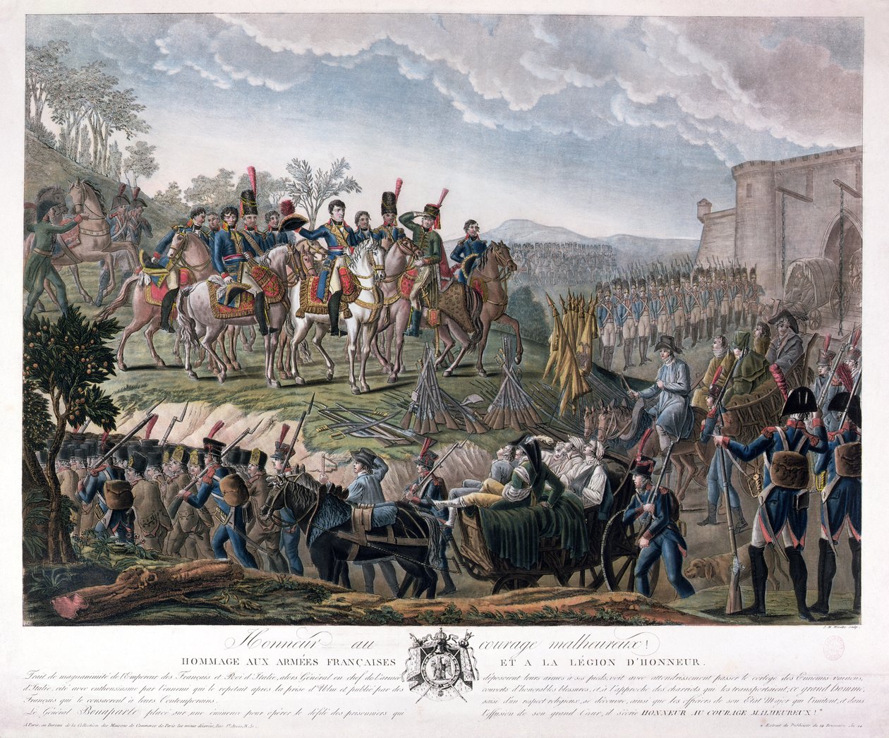 Napoleon hylder de besejredes mod under overgivelsen af Ulm, 20. oktober 1805 (farvegravering) af Mixille or Mixelle Jean Marie