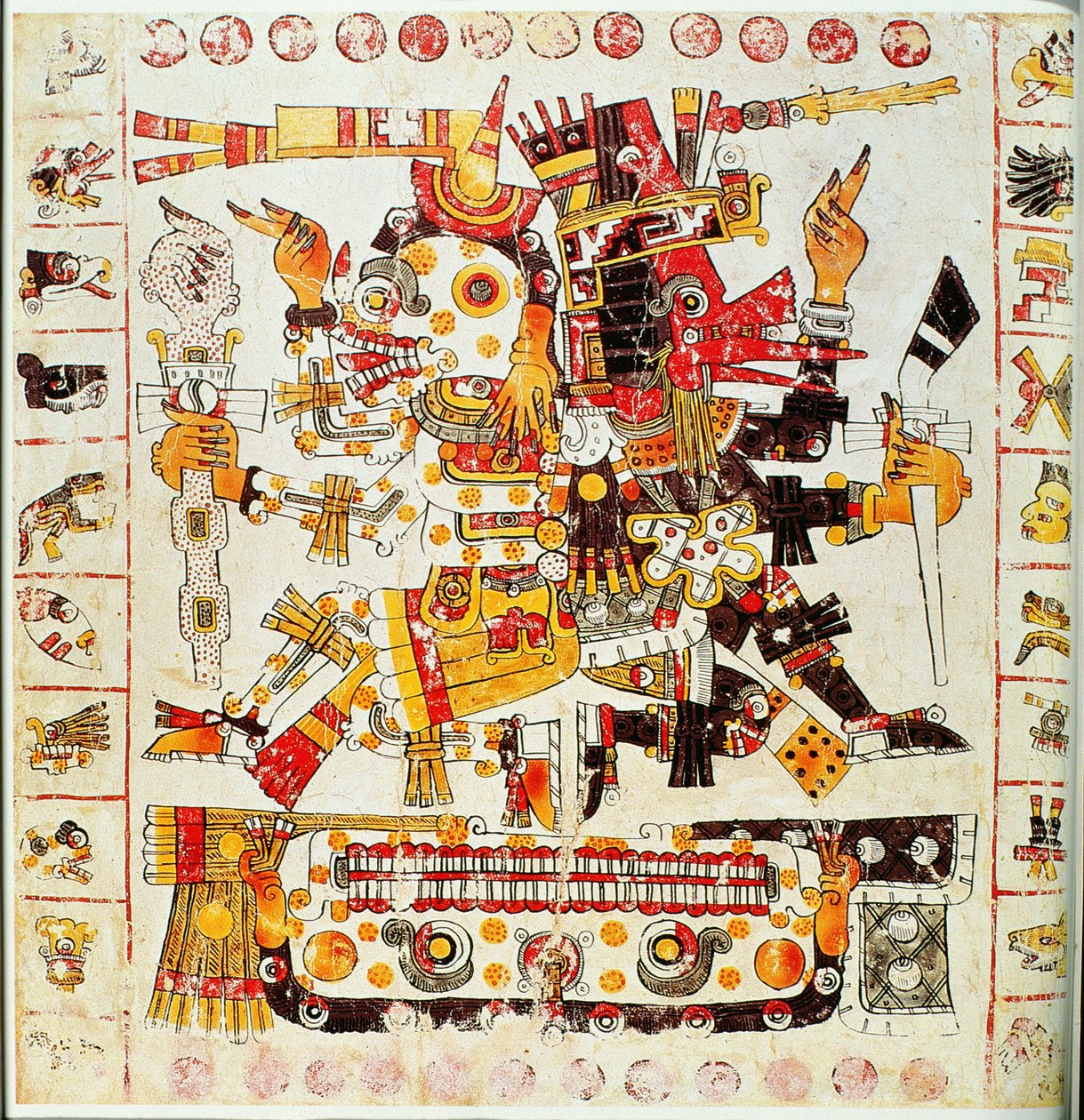 Faksimilekopi af en side af Borgia-kodeksen, der afbilder døds- og livsguderne placeret side om side (farvelitografi) af Mixtec