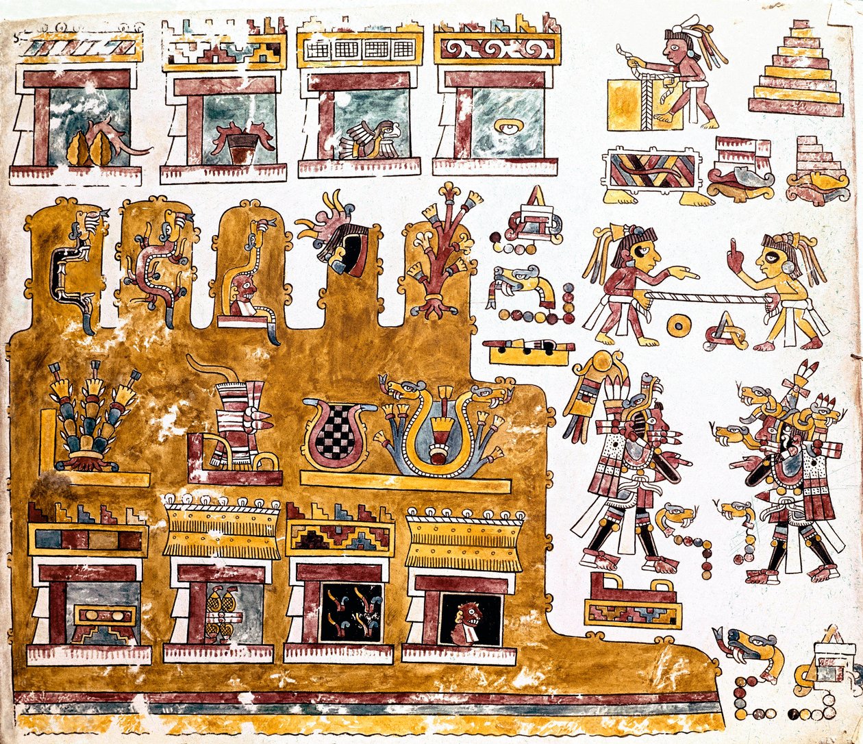 Mixtec civilisation: Mixtec Codex med illustrationer af aktiviteter, der finder sted før et tempel - Præcolombiansk kunst, blandet civilisation: scener af dagliglivet foran et tempel - Detalje af en kopi af Codex Vindobonensis eller Wiener Codex sendt af H af Mixtec Mixtec