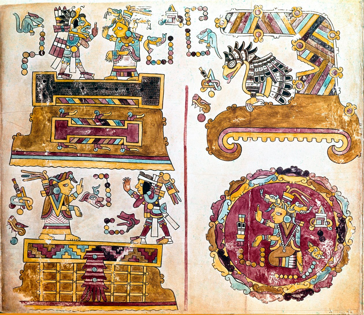 Mixtec civilisation: Mixtec Codex med illustrationer af daglige aktiviteter - Præcolombiansk kunst, blandet civilisation: scener de vie quotidienne - Detalje af en kopi af Codex Vindobonensis eller wienske codex sendt af Hernan Cortes til Charles V i 1519  af Mixtec Mixtec