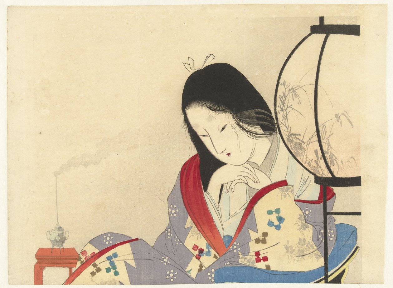 Kvinde i et interiør ved en lampe, 1890-1908 (farvetræsnit) af Mizuno Toshikata
