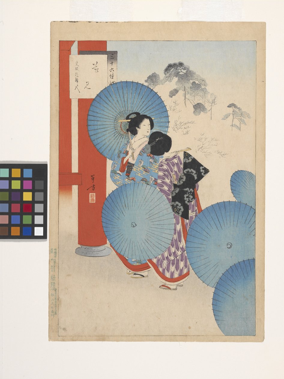 Blomstervisning, Ladies Of The Bunsei Era (træbloktryk i farver) af Mizuno Toshikata