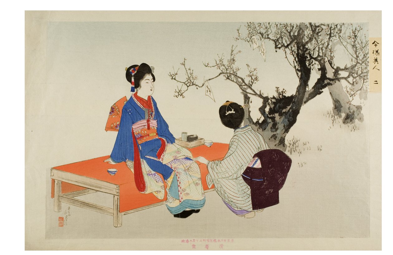 Nr. 2. Ser på blommeblomster fra serien Modern Beauties, ca. 1897-1899 (træblok på papir) af Mizuno Toshikata