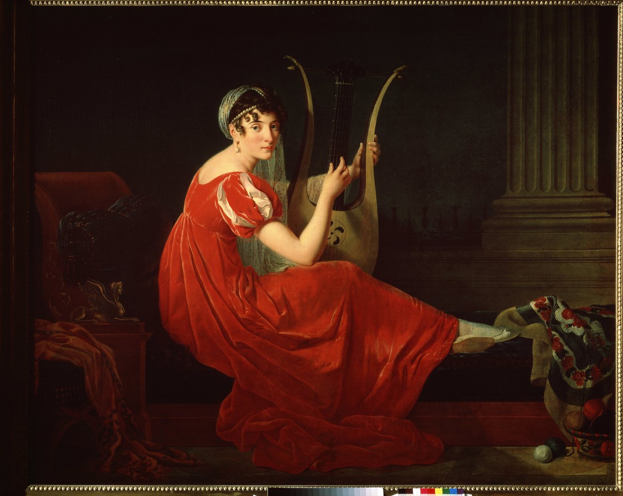 Portræt af Josephine Budayevskaya. Elegant kvinde med harpe. Maleri af Mademoiselle Riviere (1780-?) af Mlle Riviere