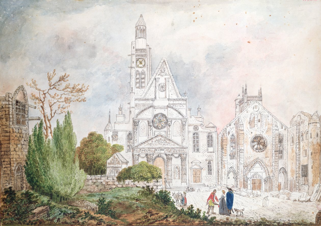 Facade af den gamle kirke Saint-Genevieve og Saint-Etienne-du-Mont, 1807 (wc på papir) af Mme. Duchateau