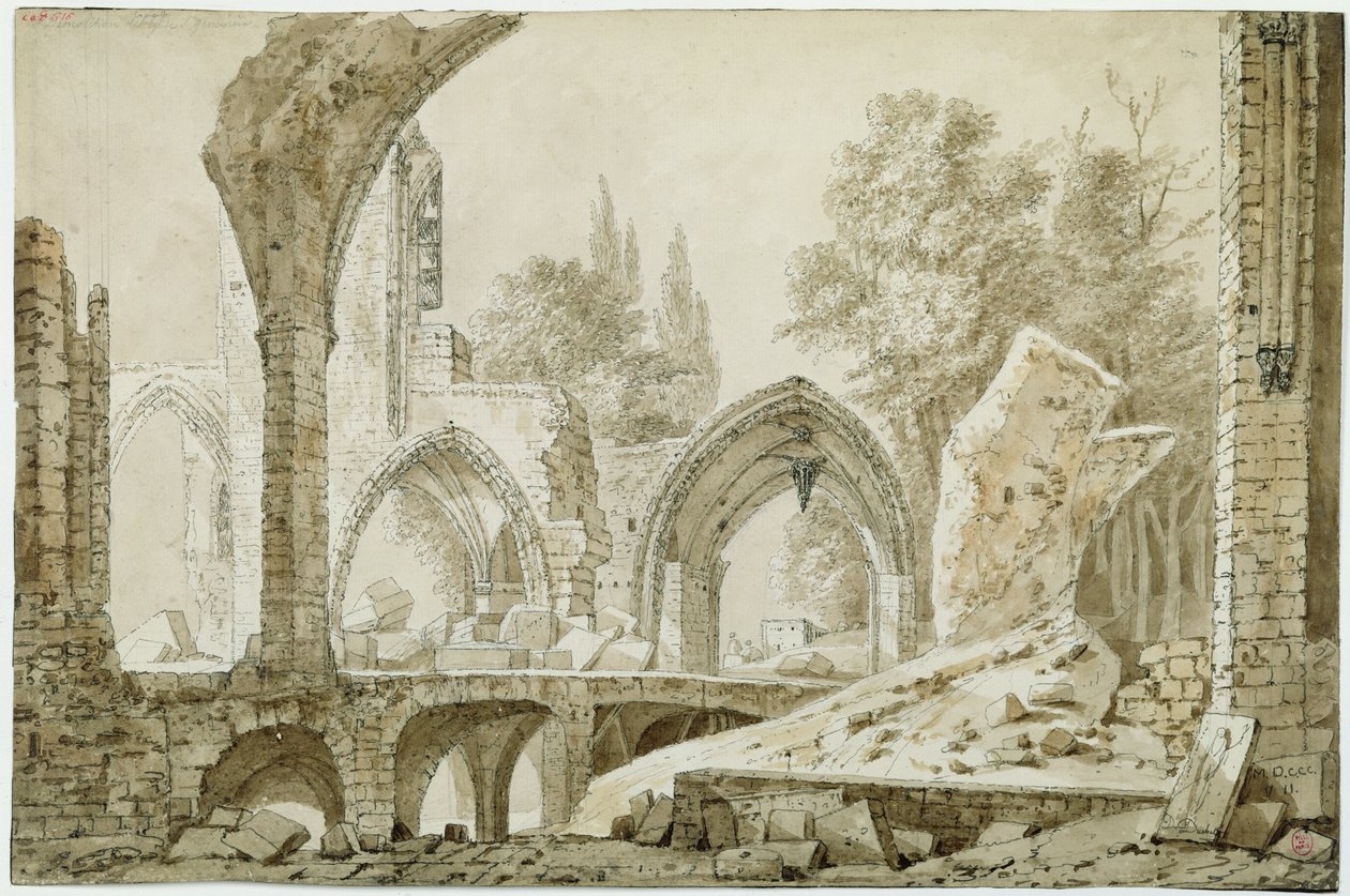 Interiør af kirken Sainte-Geneviève i ruiner, 1807 (pen og blæk på papir) af Mme. Duchateau