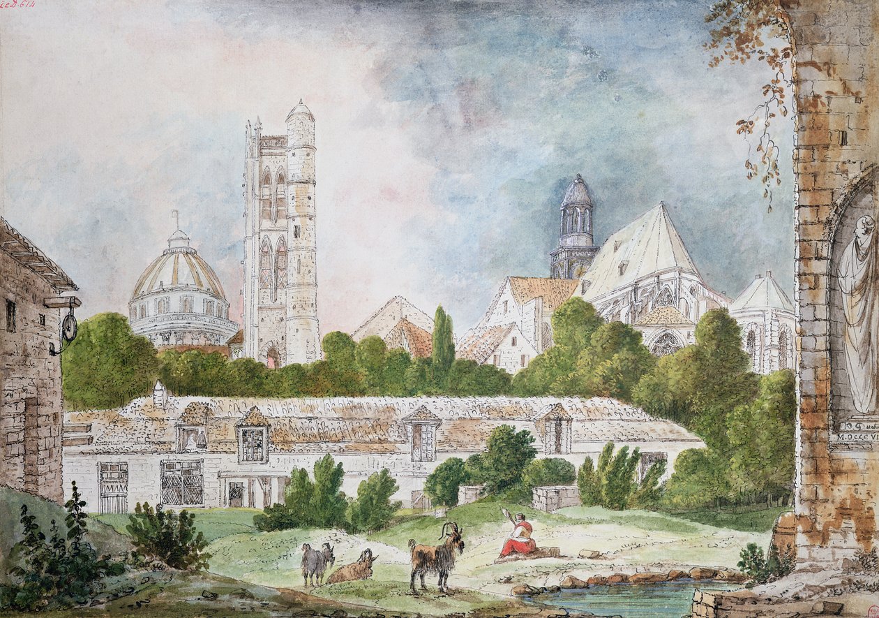 Den nye kirke Sainte-Genevieve og Saint-Etienne-du-Mont set fra ruinerne af klosteret Sainte-Genevieve i Paris, 1807 (wc og blæk på papir) af Mme. Duchateau