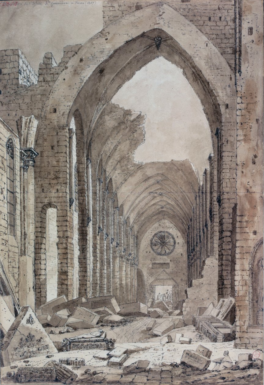 Nedrivning af den gamle kirke i St. Genevieve, Paris, 1807 (wc på papir) af Mme. Duchateau