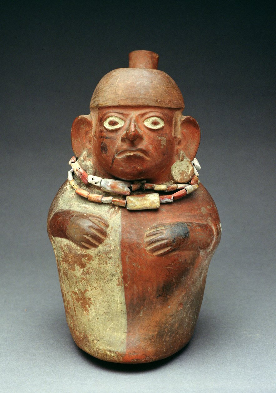 Stigbøjlevase forestillende en dignitær under påvirkning af koka, 1.-8. århundrede e.Kr. (terracotta) (se også 157689) af Moche